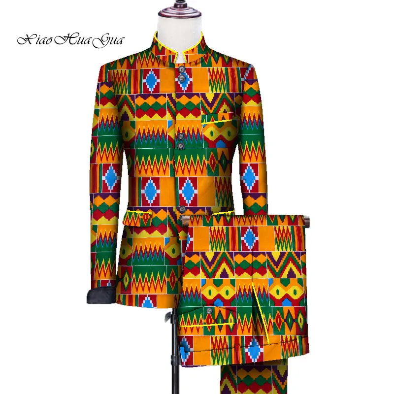 

2019 African Men Print Wedding Party Fancy Blazer Suit Bazin Rich Jacket Tops and Pant Set Dashiki African Clothing WYN705
