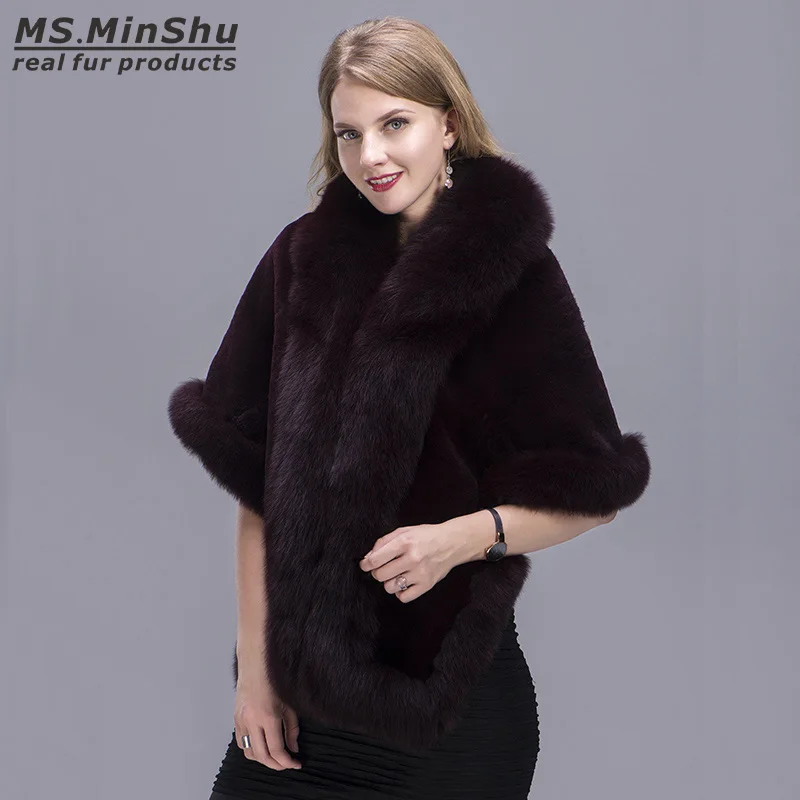 MS. MinShu, натуральный Лисий мех, зимняя женская накидка, Лисий мех, отороченный палантин, мех кролика Рекс, шаль, зимнее теплое пончо
