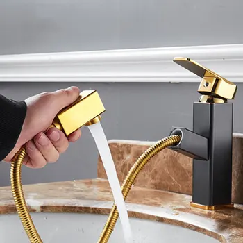 

2 Styles Bathroom Basin Faucets Pull Out Gold/Black Bath Sink Crane Copper Sink Mixer Taps Hot and Cold Deck Mounted Wash Faucet