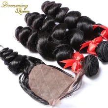 Silk Base Closure With Bundles Brazilian Virgin Hair With Closure Loose Wave 4 Pcs Dreaming Queen