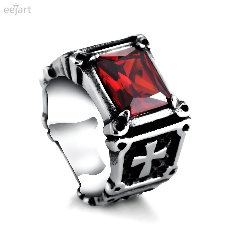 Men's Knights Templar Rings Titanium steel Cross Red Gem Ring bijouterie