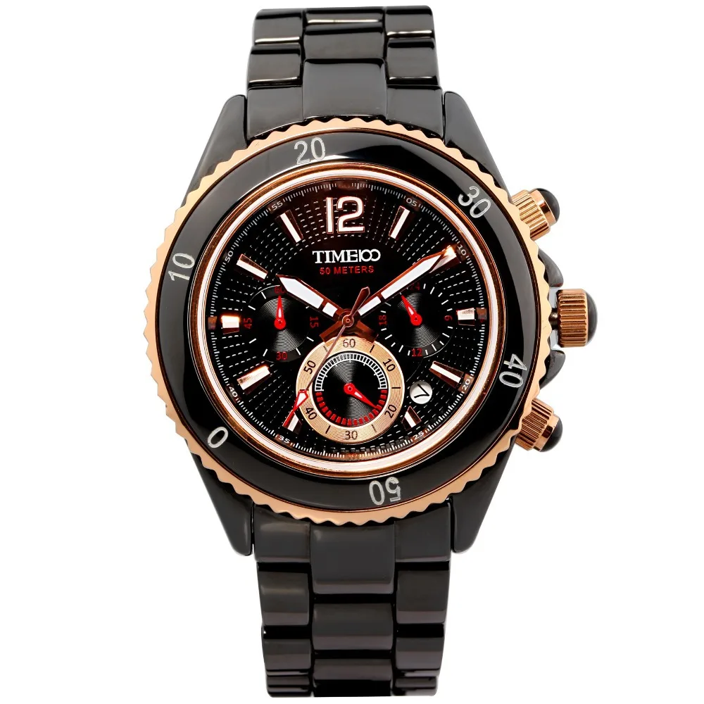 

New Time100 Luxury Men's Three subdial Sapphire Mirror Auto Date Black Ceramic Strap Quartz Wrist Watches For Men Clock W70040G