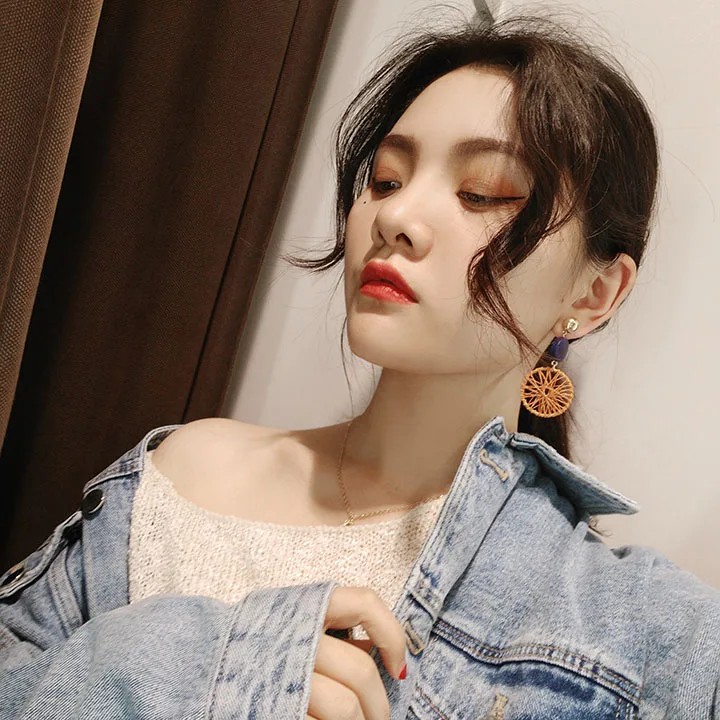 New exaggerated DIY wooden big circle earrings female temperament wild personality hollow mesh pendant earrings long multicolor