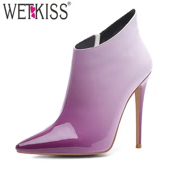 

WETKISS Mix Color Patent Pu Ankle Boots Women Stiletto Heels High Booties Ladies Pointed Toe Shoes Female Zip Shoes Winter 2019