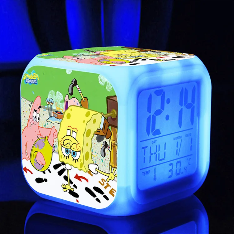 SpongeBob светодиодный Будильник 7 цветов светящийся большой экран цифровой детский будильник подарок на день рождения многофункциональные сенсорные часы - Цвет: Оранжевый