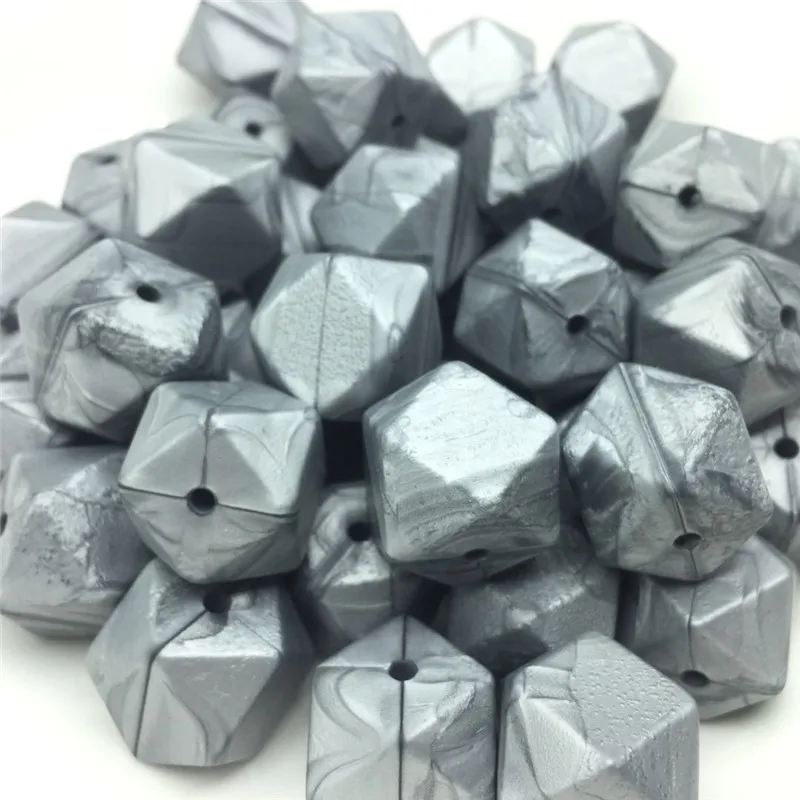 

10 PCS Metallic Silver 17MM Hexagon Silicone Beads For Teething Necklaces BPA Free Chewable Toys Food Grade Teething Baby Beads