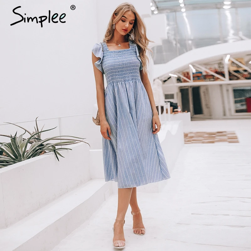 Miglior Simplee Dell annata a strisce delle donne vestito lungo Volant di lino blu elegante vestito da estate 2019 Casual di modo del cotone femminile beach abiti