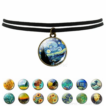

Van Gogh Charm Women Designs Chokers Necklaces Black Velvet Choker Glass Gothic Clavicle Necklace Short Necklace Jewelry Gifts