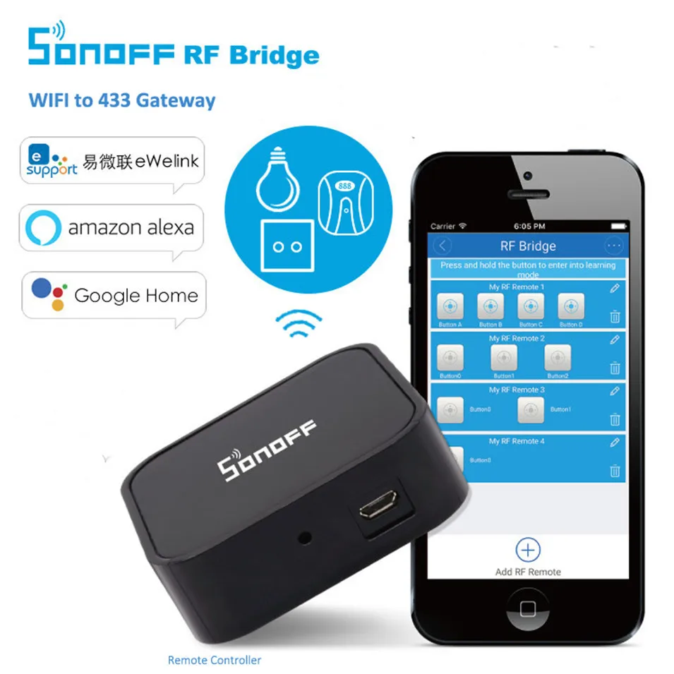 Sonoff RF Bridge Smart Home Automation Module Wifi Switch Universal Timer DIY 433Mhz Remote into WiFi Wireless for Alexa Ewelink