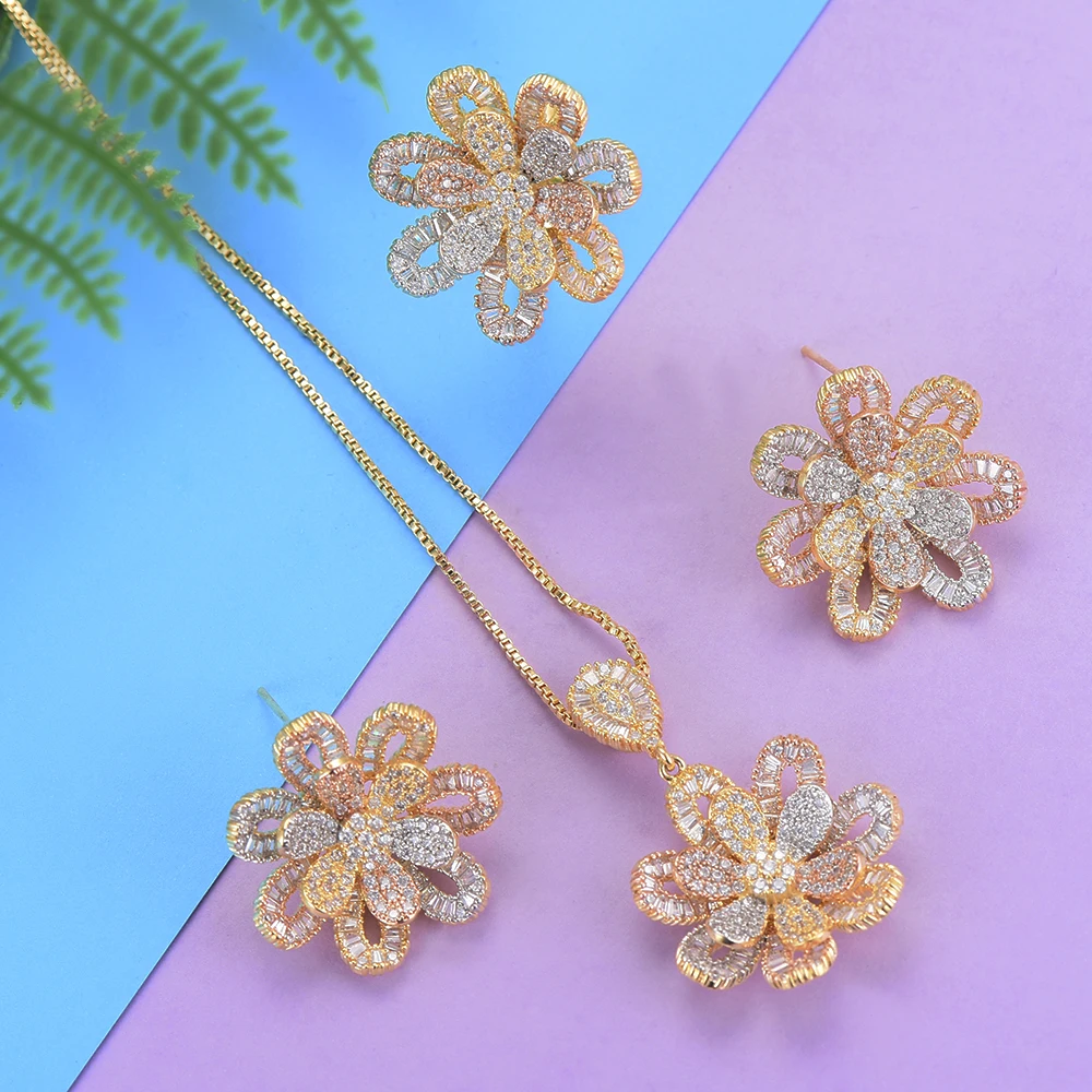 

missvikki Sweet Romantic Pendant Necklace Stud Earrings Ring Jewelry Set Luxury Shiny Ladies Wedding Engagement Party Jewelry