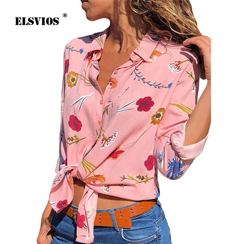 ELSVIOS Plus Size Floral Print Women Chiffon Blouse Summer