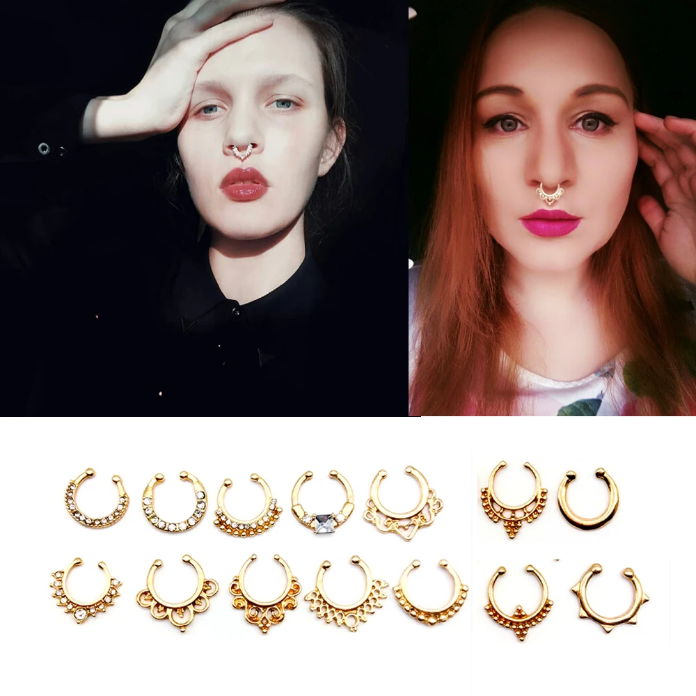 

1PCS Crystal Fake Nose Ring 15 Styles Gold Color Round Septum Piercing Clicker Faux Clip Non Body Hoop Women Jewelry Wholesale