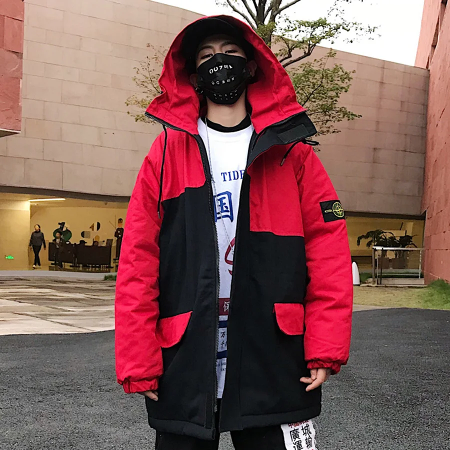 

Cotton Winter Parka Men Jacket Thick Hip Hop Korean Warm Coat Men Padded Bubble Red Patchwork Fashion Street Manteau Homme Hiver