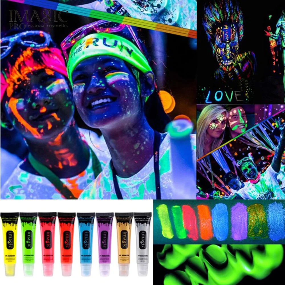 IMAGIC 8 colos NEON COLOUR FACE & BODY PAINT 13ml Fluorescent Rave