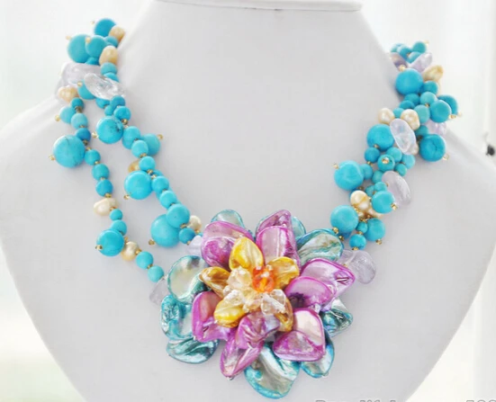 

ddh002752 3strands blue turquoise amethyst champagne pearl shell flower necklace 18inch 28% Discount