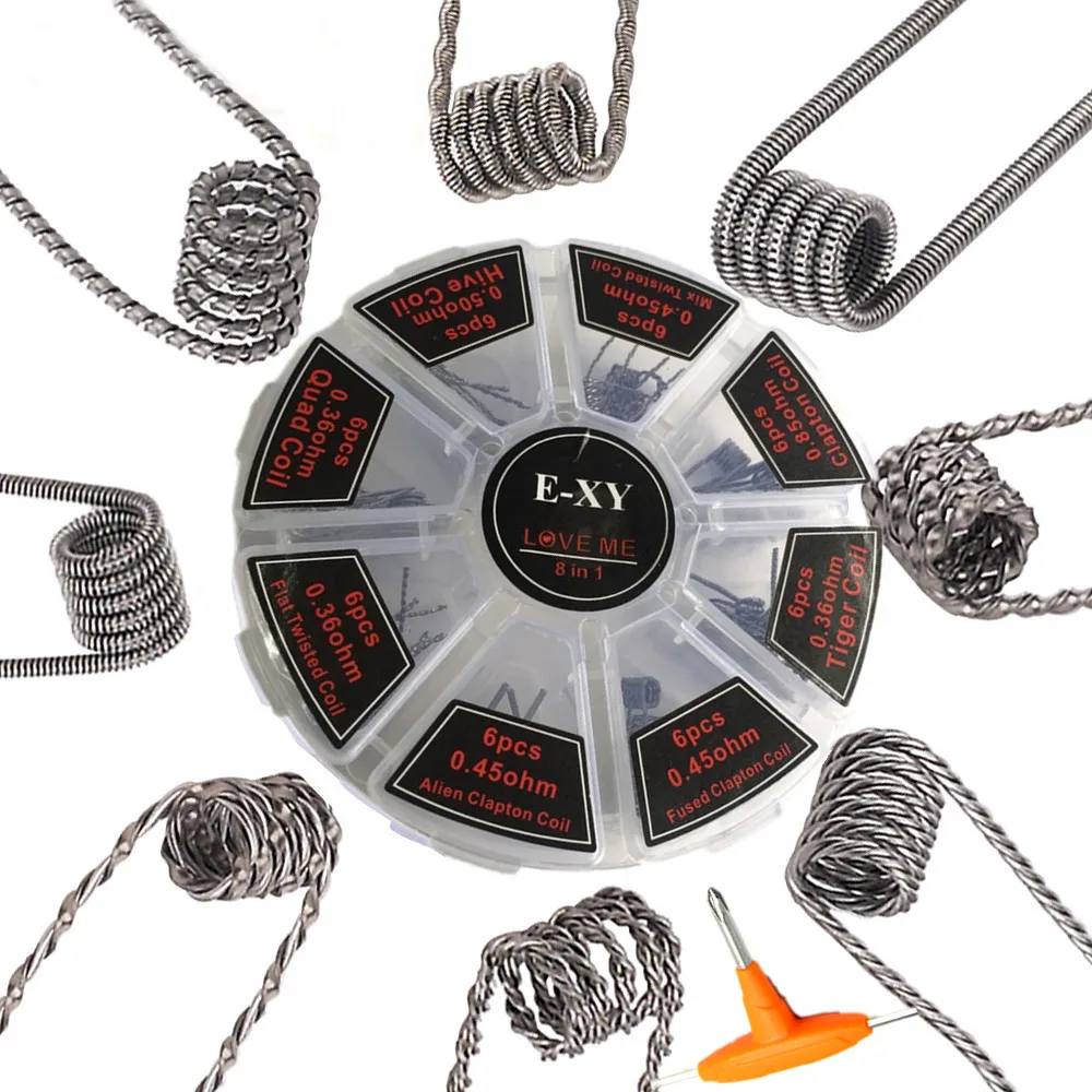 E-XY 8 в 1 проволочные готовые катушки Clapton Quad Tiger Hive Alien Fused Clapton Mix Twisted Coil fit DIY атомайзер для vape