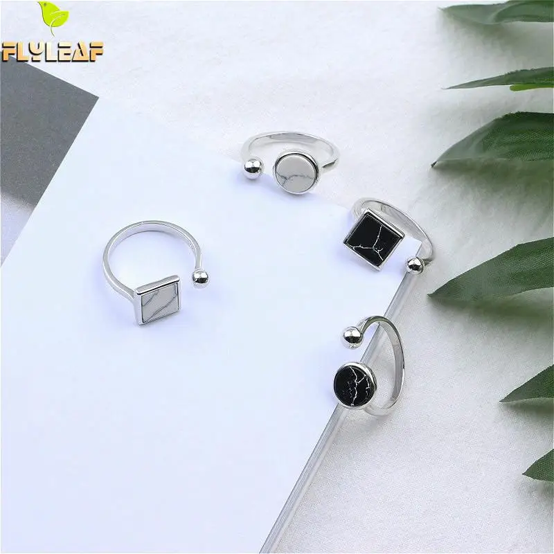 

Flyleaf 925 Sterling Silver Rings For Women Natural Stone Black And White Marbling Femme Simple Fashion Fine Jewelry Open Ring