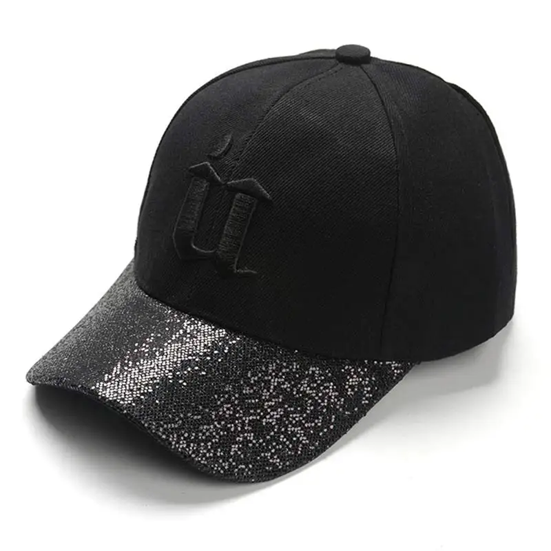 Women Cute Baseball Hat Letters U Shiny Visor Snapback Cap Black Silver 6 Panel Adjustable Size - Цвет: Черный