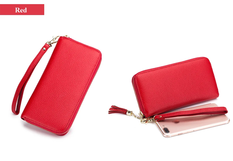 Lomelobo Unisex Tassel Long Wallet Genuine Leather Women Men Litchi Cowhide Leather portomonee Boy Girl Credit Card Holder Purse HPLA218 Details (17)