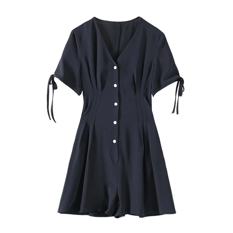 Summer new temperament leisure high waist slimming wide leg pants chiffon V collar waist short jumpsuit women 6203 - Цвет: Черный