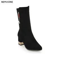 NEMAONE 2019 Women Boots Fashion Women Shoes Winter Shoes All Match square High Heel rouned Toe Women Boots Size 34-43