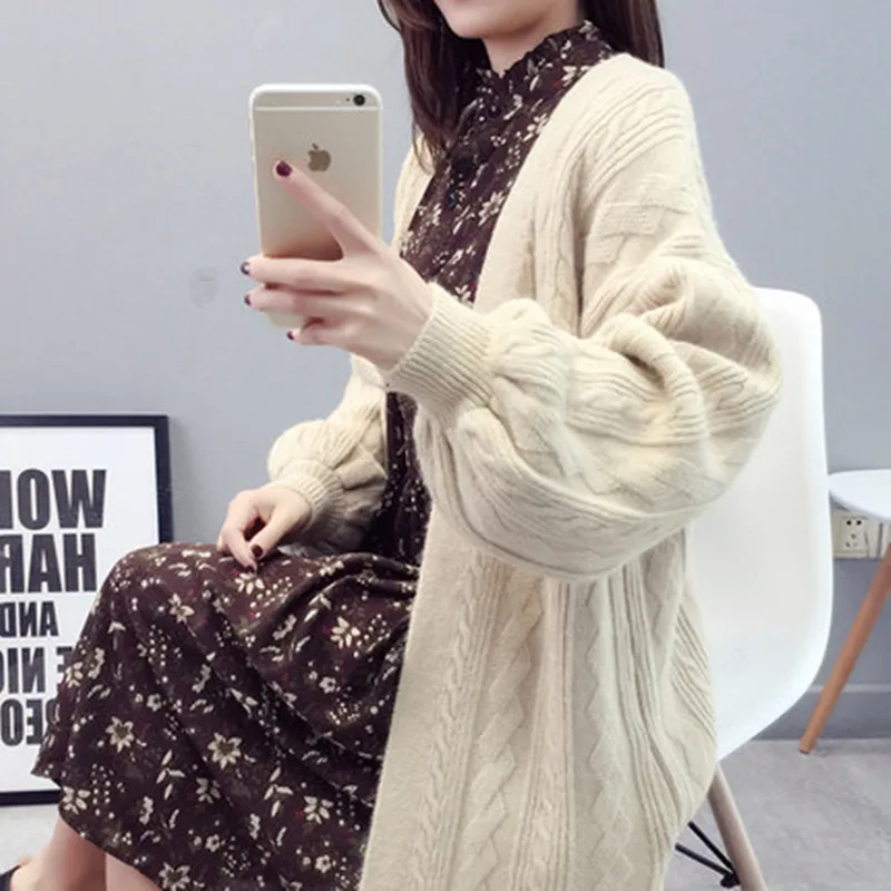 Women's Knit Cardigan Fashion Loose Korean Sweater Autumn  Winter Twist Sweater Jacket 2019 New Lantern Sleeve Knit Cardigan (2)
