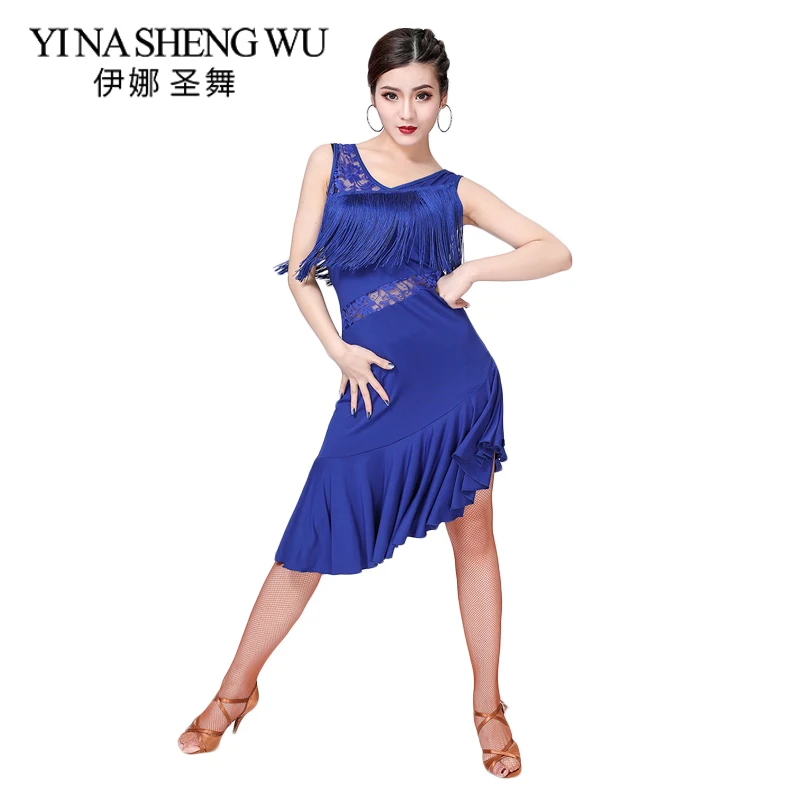Latin Dance Dress Women Performance Dress Dance Competition Tassel Dress For Ballroom Salsa Cha Cha Dancewear Practice LaceDress