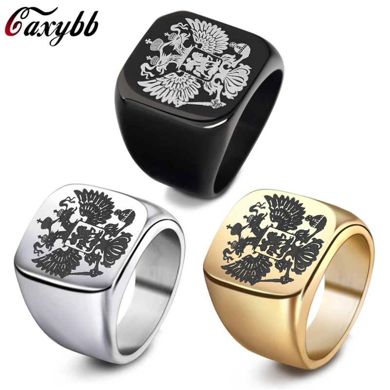 

Double Eagle russian Stainless Steel Ring for men fashion high quality coat of arms of the Signet biker Ring