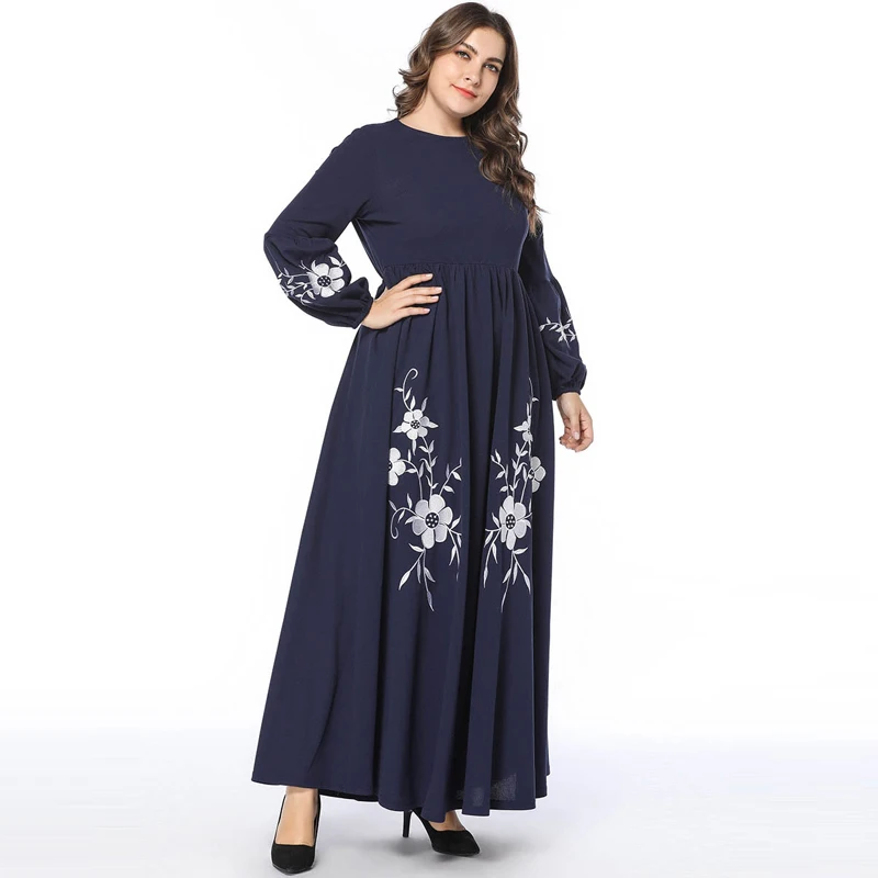 Женские модные длинные платья с рукавами-фонариками и высокой талией 4XL размера плюс Элегантная вышивка турецкая исламская одежда