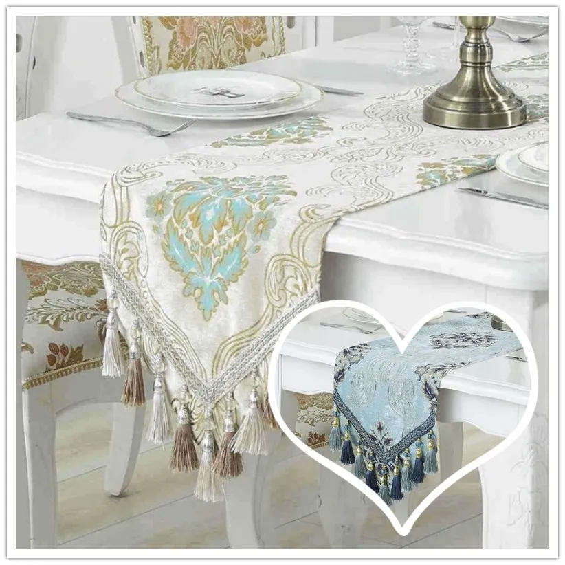 

JUYANG. Fine tassel hanging spike table runner. Delicate chenille jacquard fabric tablecloth. Coffee table cover cloth.