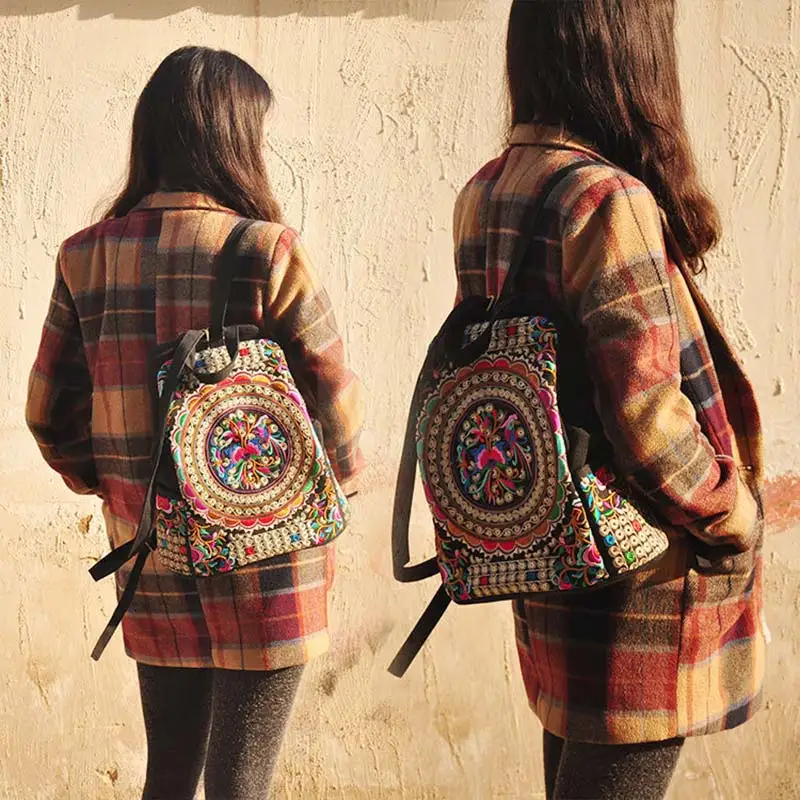

Vintage Women Ethnic Canvas Backpack Handmade Flower Embroidery Travel Bags Schoolbag Backpacks Satchel -OPK
