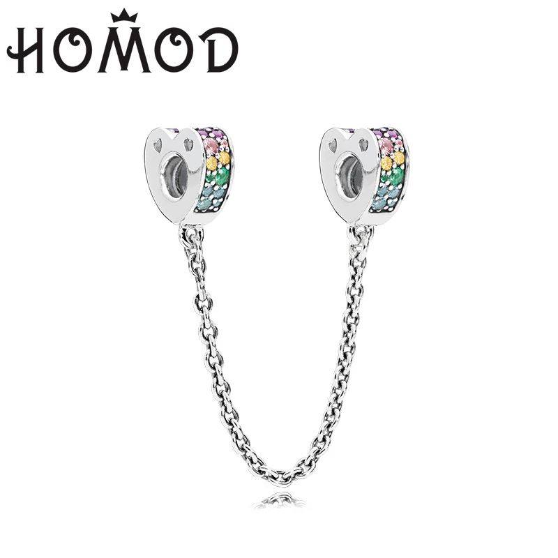 

2019 Spring Collection Silver Mix Rainbow Crystal Heart Safety Chain Charms Beads Fits PandoraFits Charm Bracelet DIY Gift