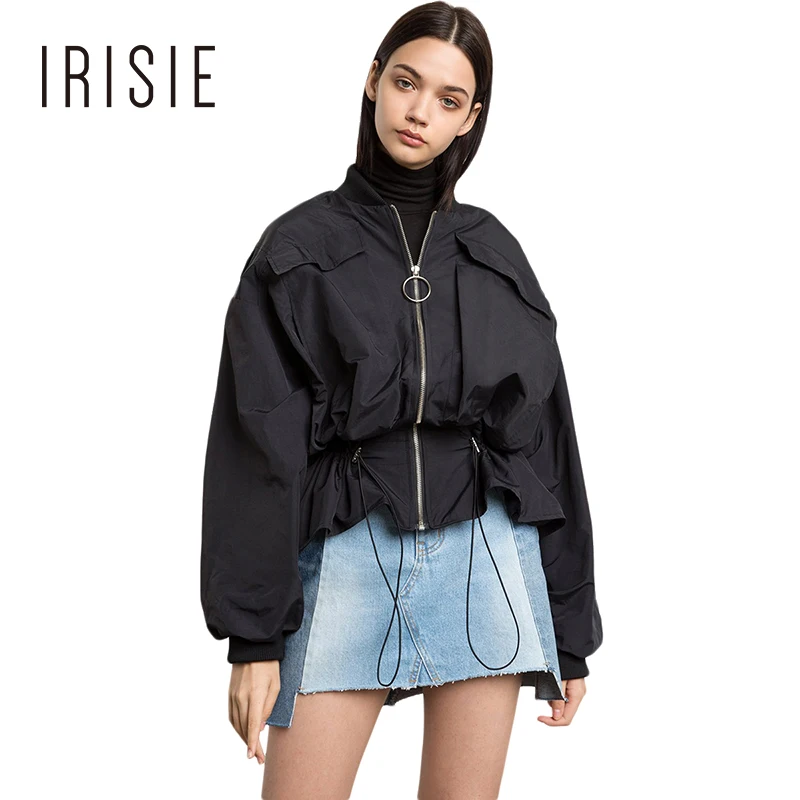 Irisie Fashion Women Casual Bomber Jacket Elastic Belt Drawstring Waist
