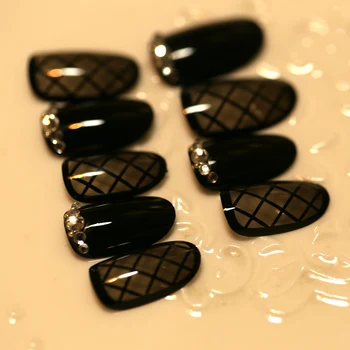 

Fake Nails Black Transparent Lace Short Square Nail Tips With Rhinestone