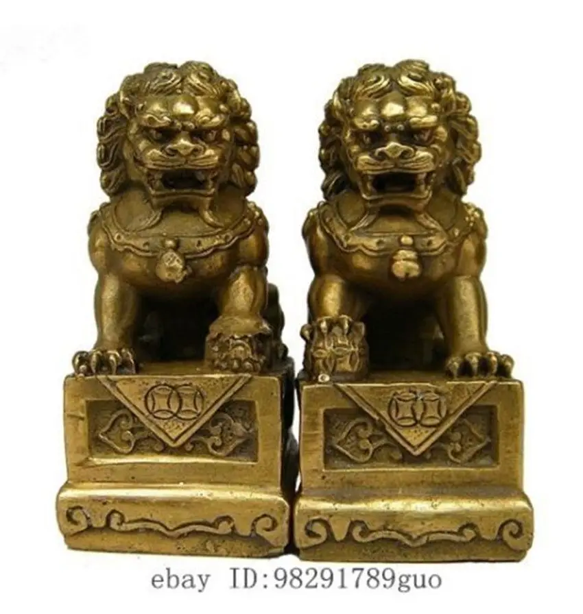 

hinese Folk Healing Tibetan Buddhist Lion Statue Pair copper craft tools Decoration Brass real Brass