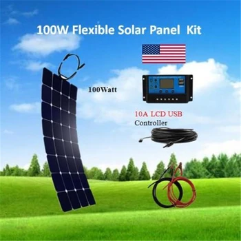 

100 Watt Flexible Solar Panel Kit+10A LCD USB Controller 12/24V RV Boat/yacht/RV/car+5M solar cable OR 3M alligator clip
