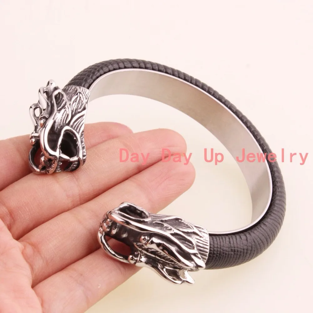 

High Quality 316L Stainless Steel Silver Double Dragon Cuff Bangle Black Genuine Leather Mens Womens Cuff Bangle Bracelet 12mm