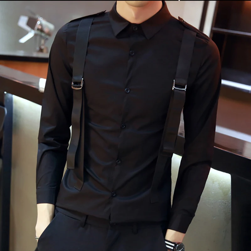Men's shirt cotton solid color work casual Full sleeve Formal Personality strap nightclub shirt