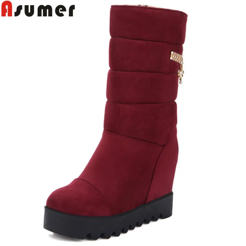 Prix ASUMER 2018 mode hiver neige bottes femmes bout rond mi mollet bottes plate forme heigh augmentation troupeau dames bottes grande taille 34 43