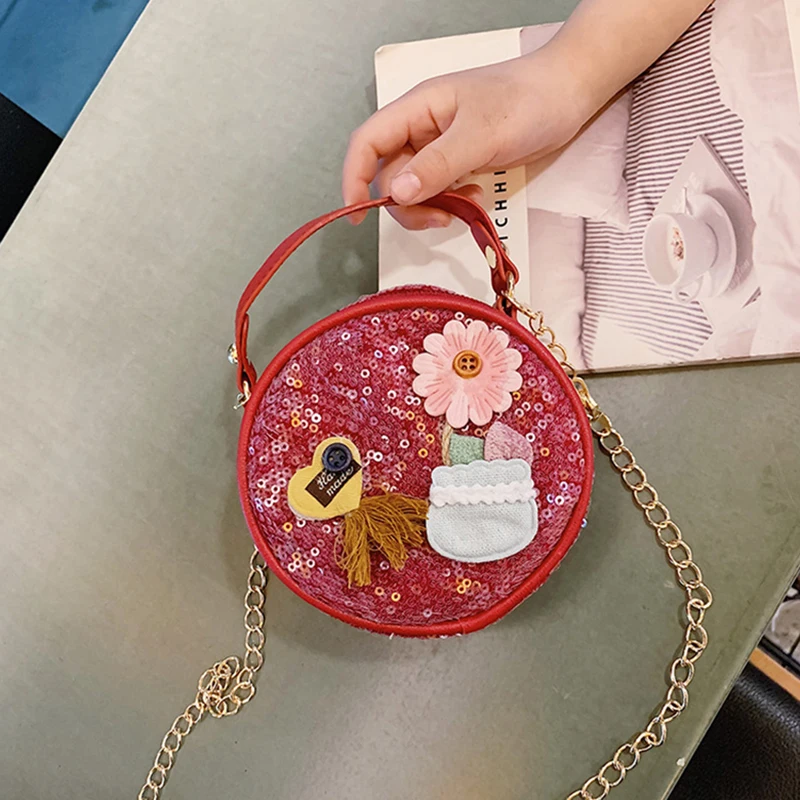 Новинка года; Детские сумочки из искусственной кожи с блестками и цветочным рисунком; милые круглые сумочки для маленьких девочек; модные вечерние мини-сумочки-мессенджеры в Корейском стиле