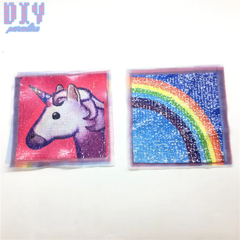 

Rainbow Unicorn Reverse Sequin Sew On Patches for clothes Coat Sweater Embroidered Change Color Reversible Patch Applique NEW