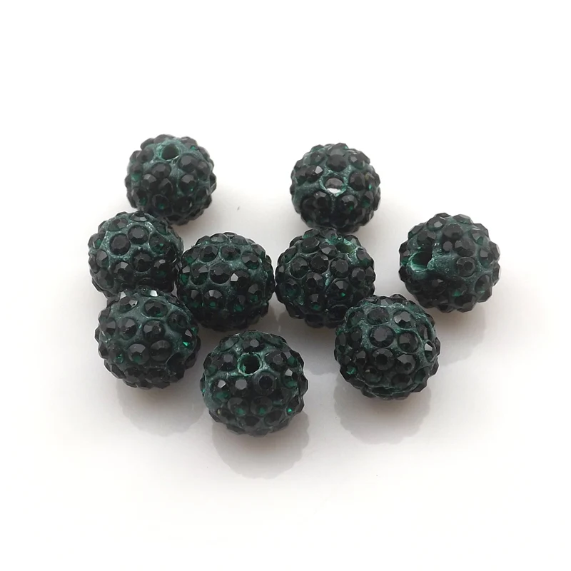 

100pcs/lot 10mm Dark Green Color Rhinestone Loose Beads 6 Rows Pave Disco Ball For Jewelry Making