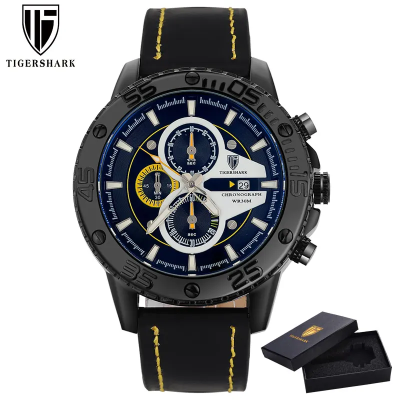

TIGERSHARK Mens Watches Top Brand Luxury Fashion Sport Quartz Watch Men Waterproof Chronograph Business Watch Relogio Masculino
