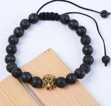 

8mm xy434 gold adjusted Charm copper lion nature black stone volcanic lava Bracelet Buddha Yoga essential oils diffuser