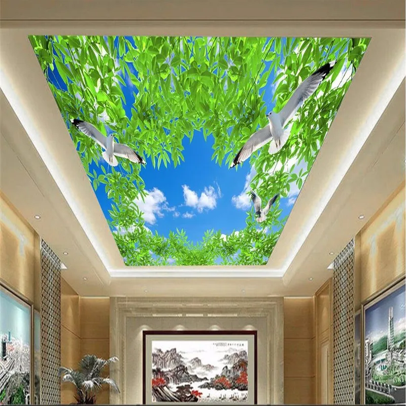 Custom-Ceiling-Wallpaper-Blue-sky-and-white-clouds-green-pigeons-Murals-Living-Room-Ceiling-Background-Wall (2)