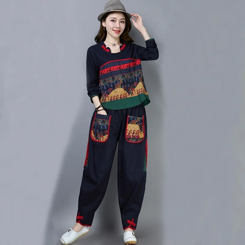 Женский этнический винтажный костюм Hanfu Брюки с карманами и топ комплект из двух