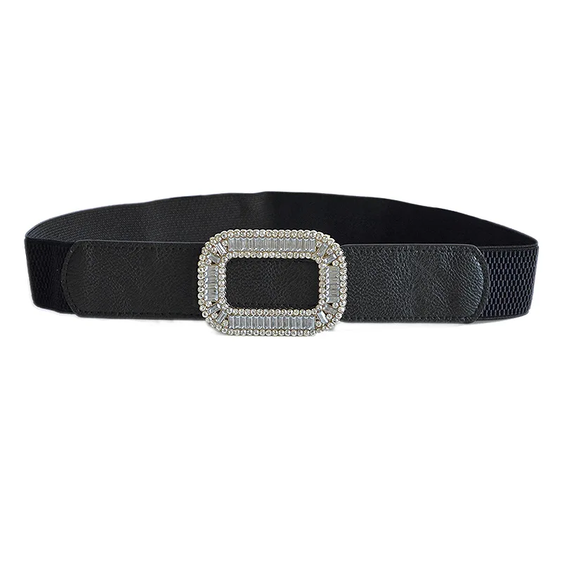 

Women's Elastic Waistband Rhinestone Buckle Waist Belt Black White Wide Cummerbund For Ladies Dress Belts Drop Shipping