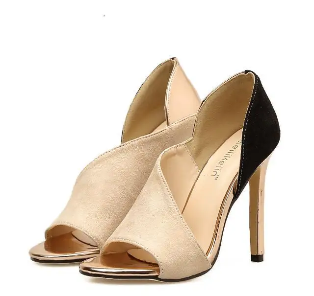 

New Design Fashion Colorblock Peep Toe High-heeled Pumps Stiletto High Heels Sandals Nude Mixed Colors Woman Shoes Hot