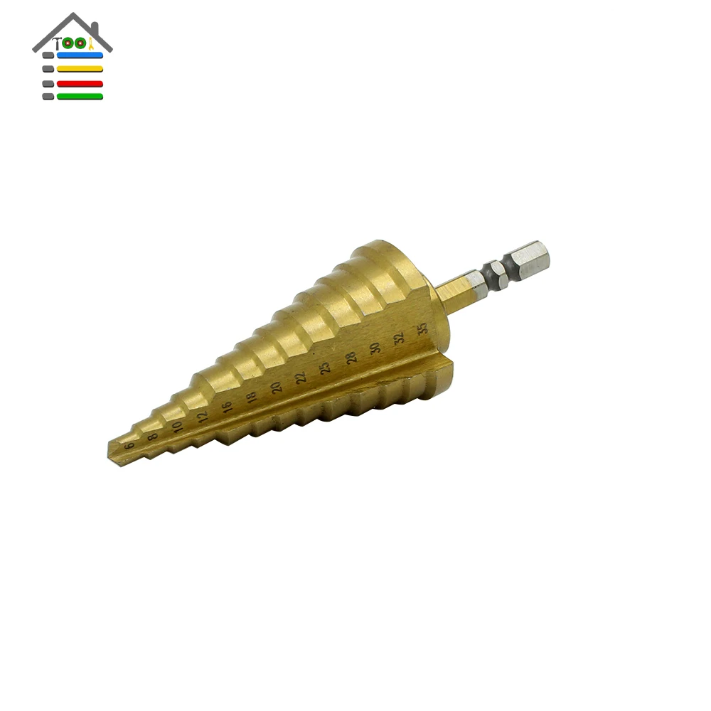 

AUTOTOOLHOME 6-35mm 13 Steps HSS Titanium Hex Shank Larger Wood Metal Core Cone Drills Step Drill Bit