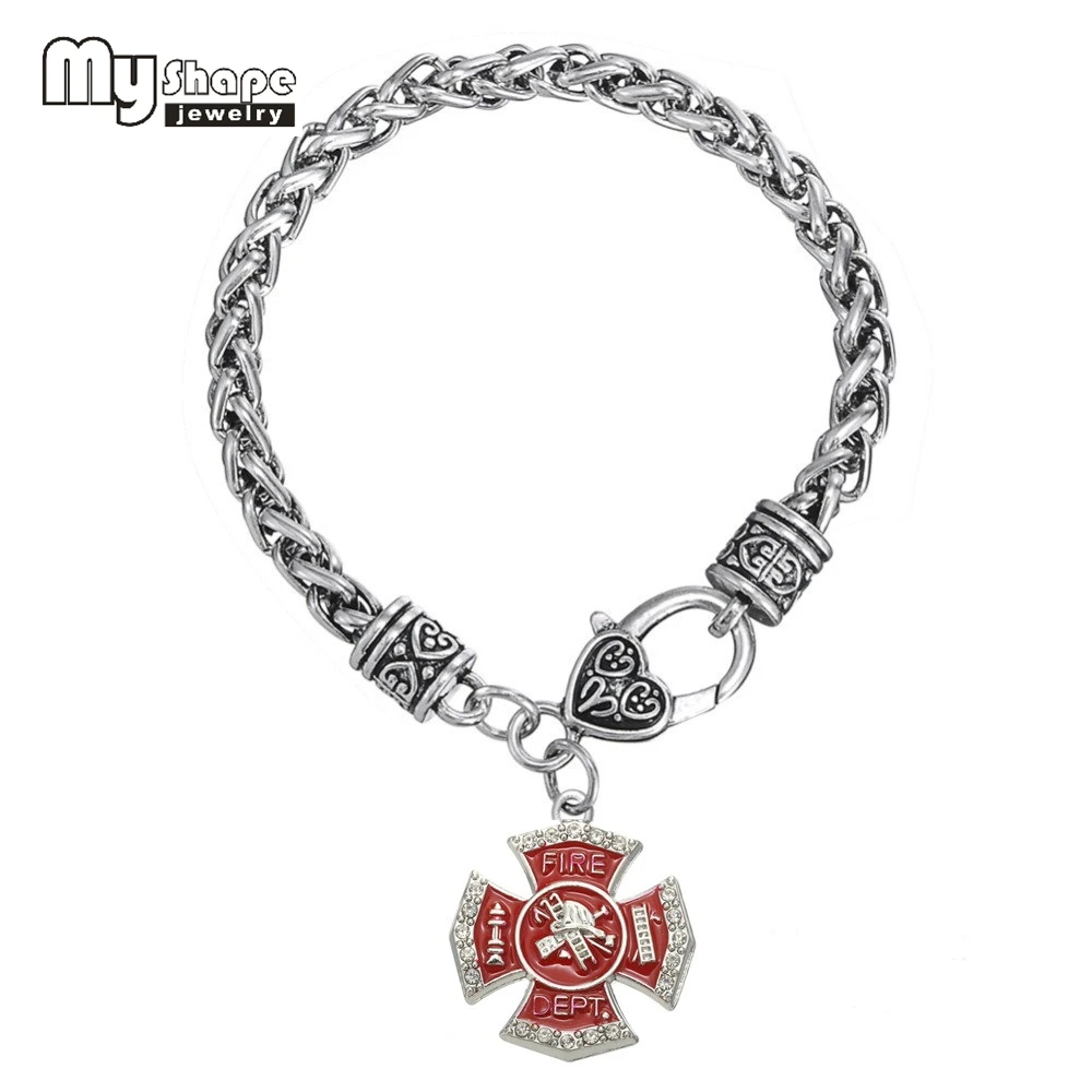 

My Shape Red Enamel Crystal Paved Firefighter bracelets & Bangles Fire Dept Department Charm Lobster Clasp Jewelry Accessories